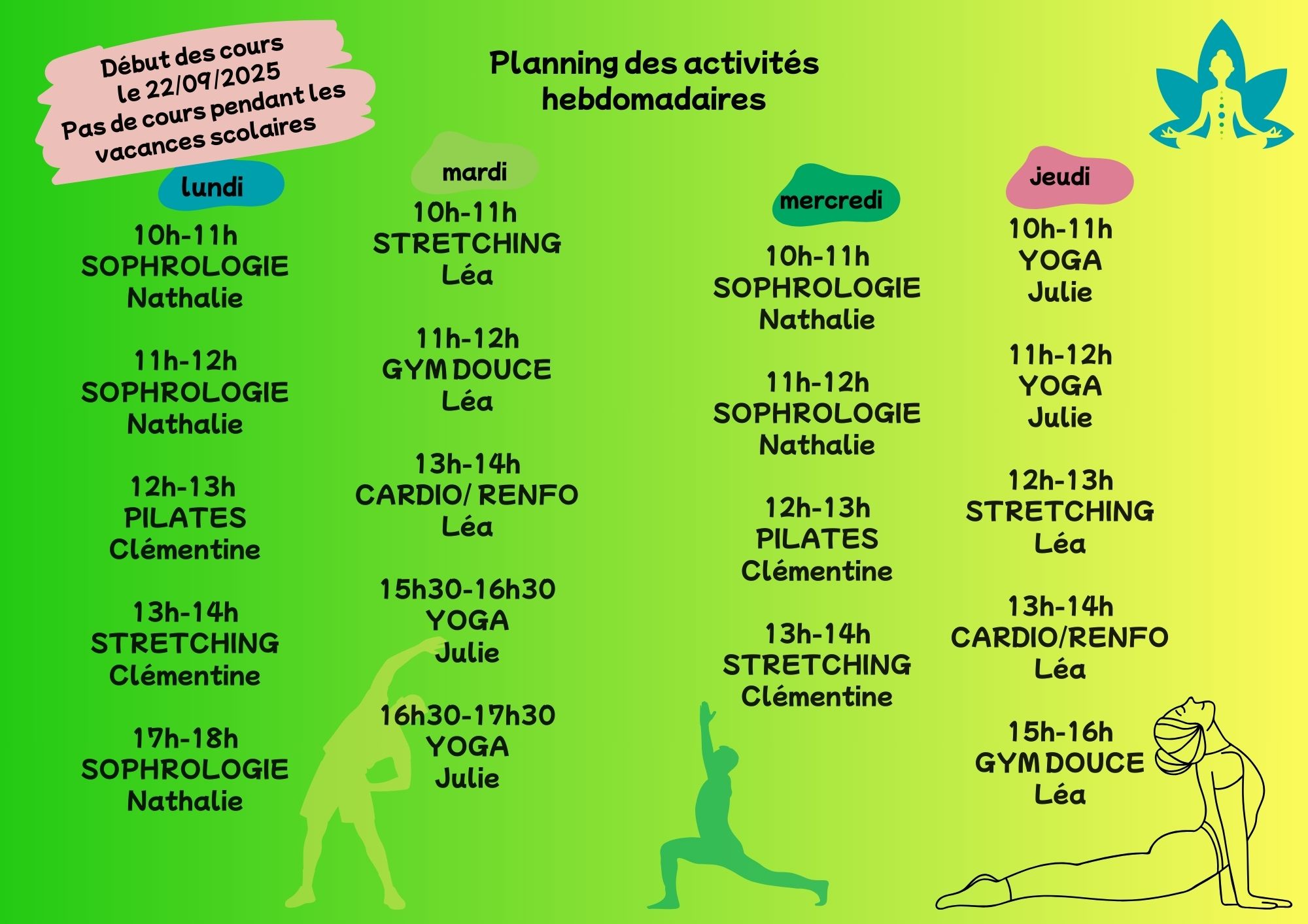 Planning des loisirs adultes, yoga, sophrologie, gym douce, Pilates.